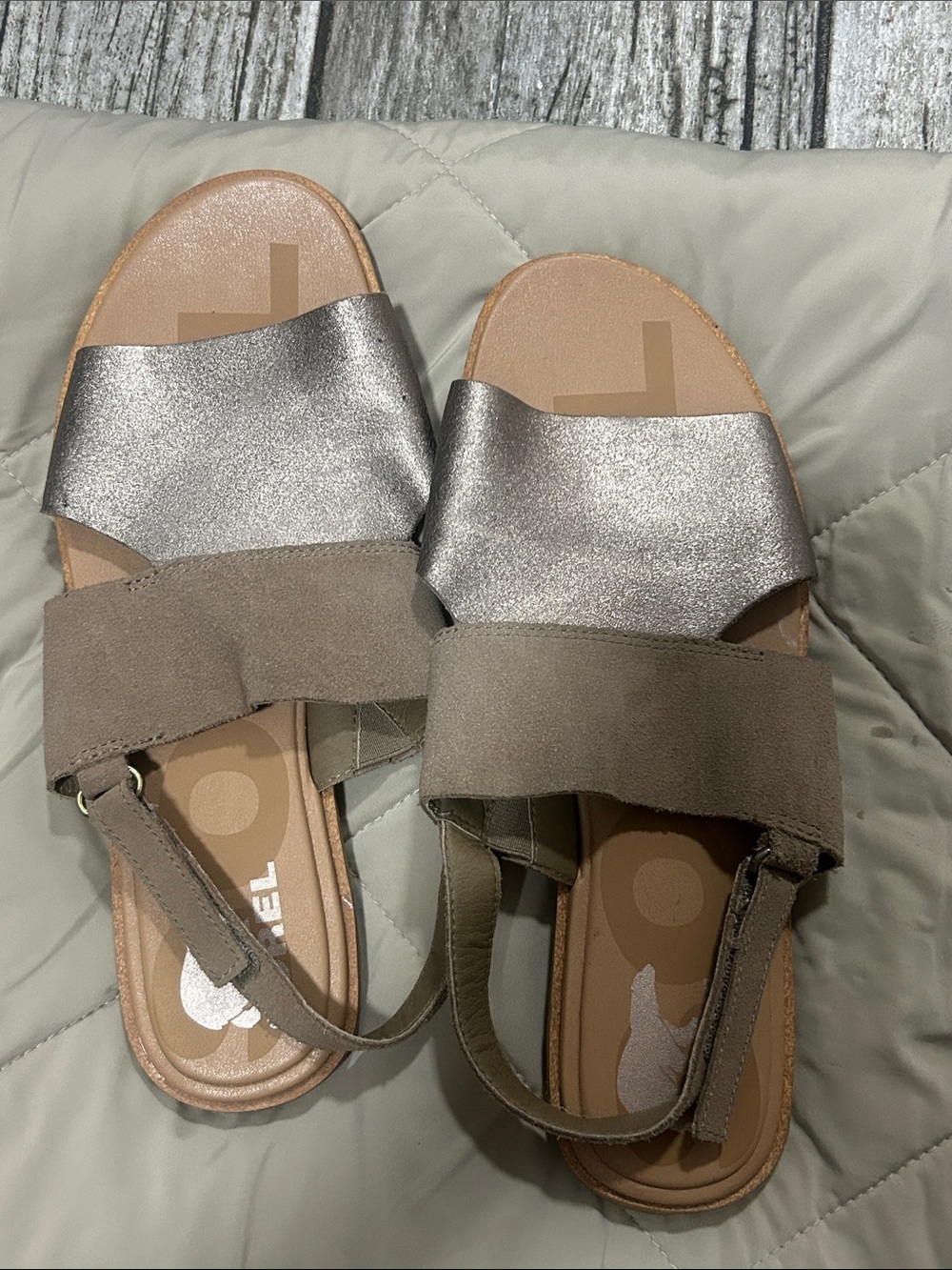 Sorel Metallic Silver and Taupe Double-Strap Slide Sandals
